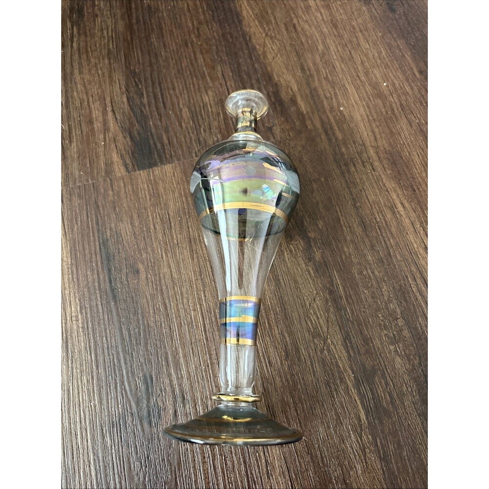Vintage MCM Egyptian Hand Blown Hand Painted Blue and Gold Perfume Bottle 5.75”